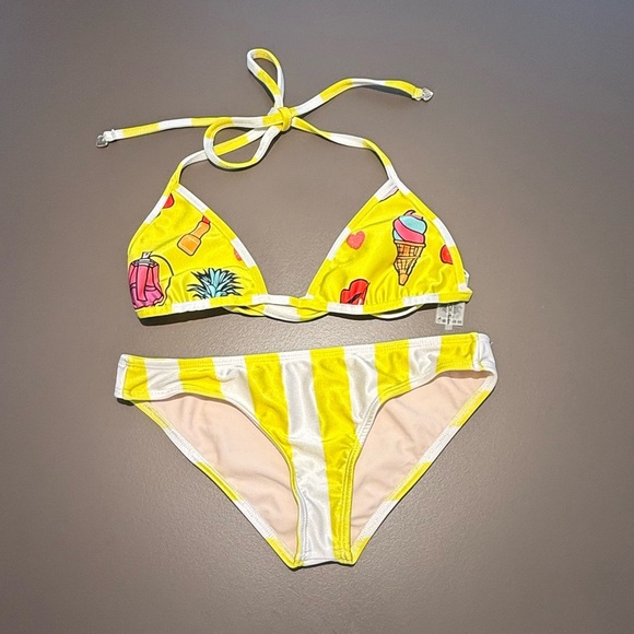 NWOT Wildfox Yellow White Striped/Emoji Bikini Swimsuit Size XS MSRP $140 - Picture 4 of 7